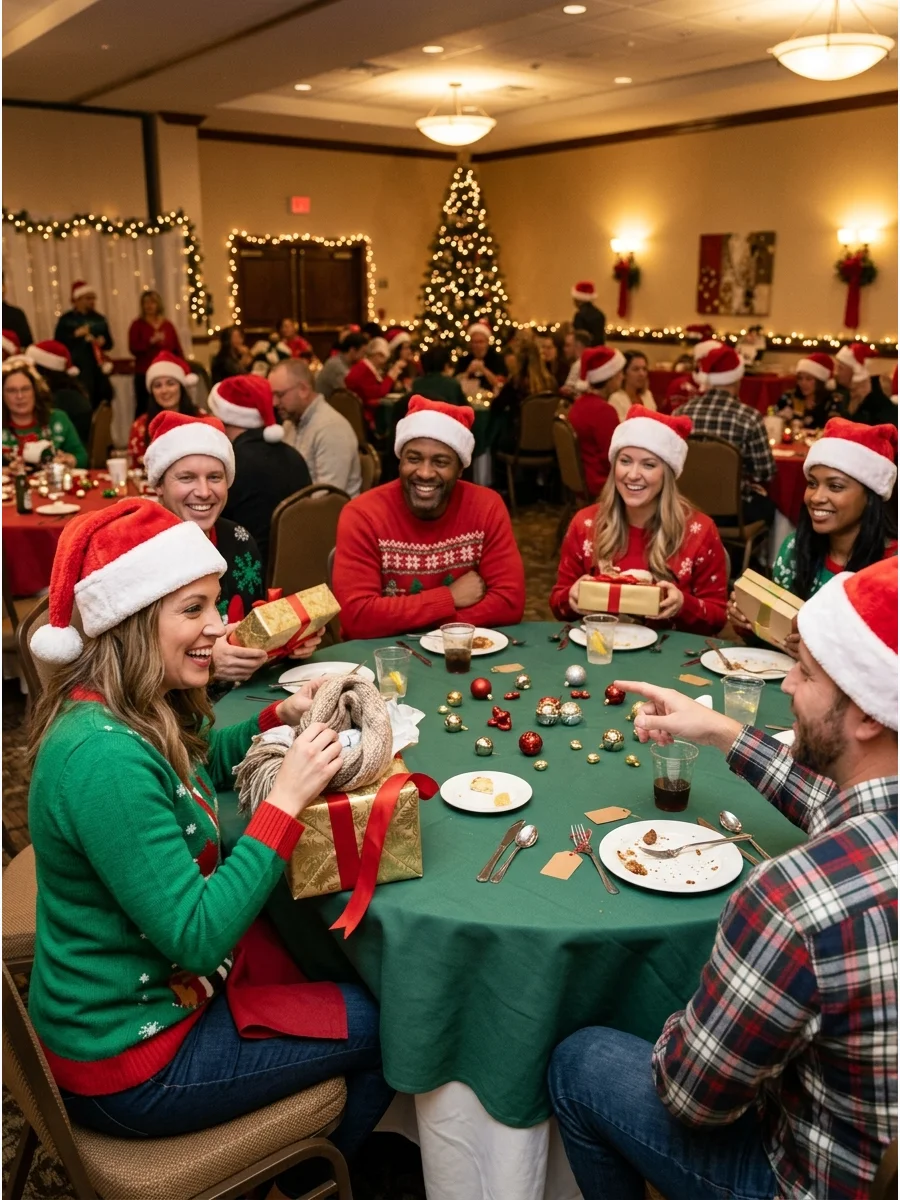 Guest opening a Secret Santa gift and guessing the sender in a banquet hall.