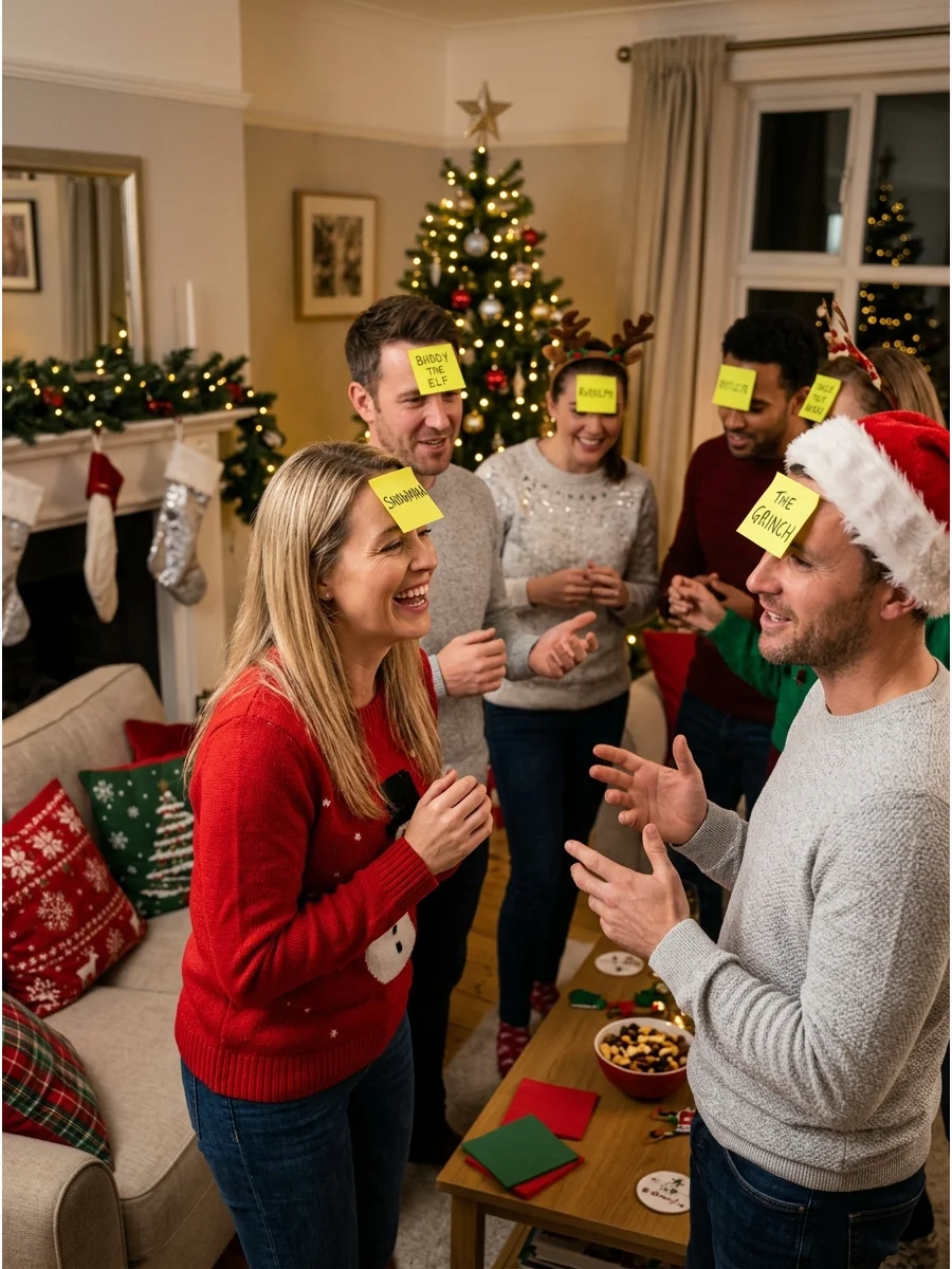 People playing a guessing game with name tags on their foreheads.