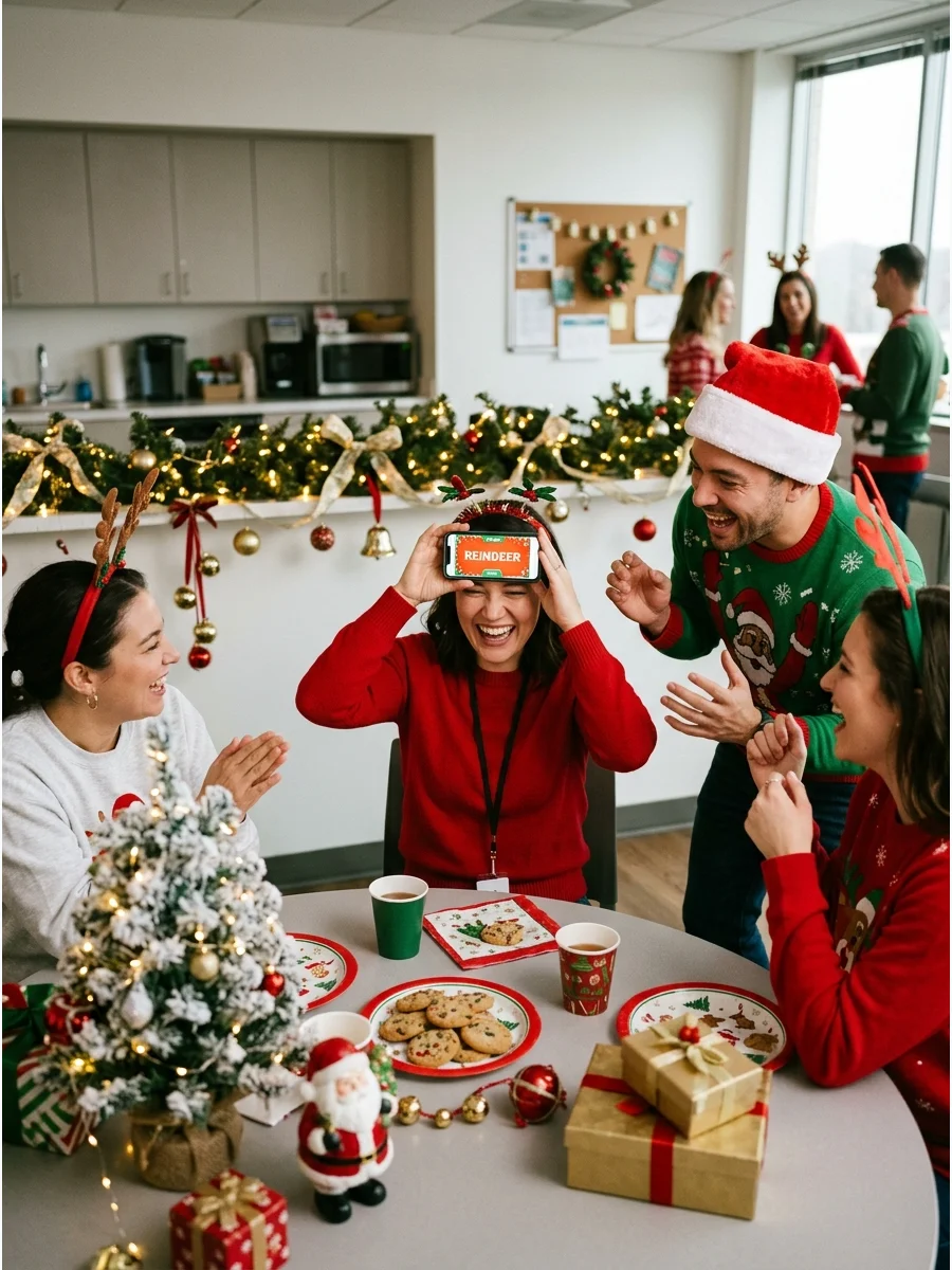 Coworkers playing a digital guessing game during a holiday party.