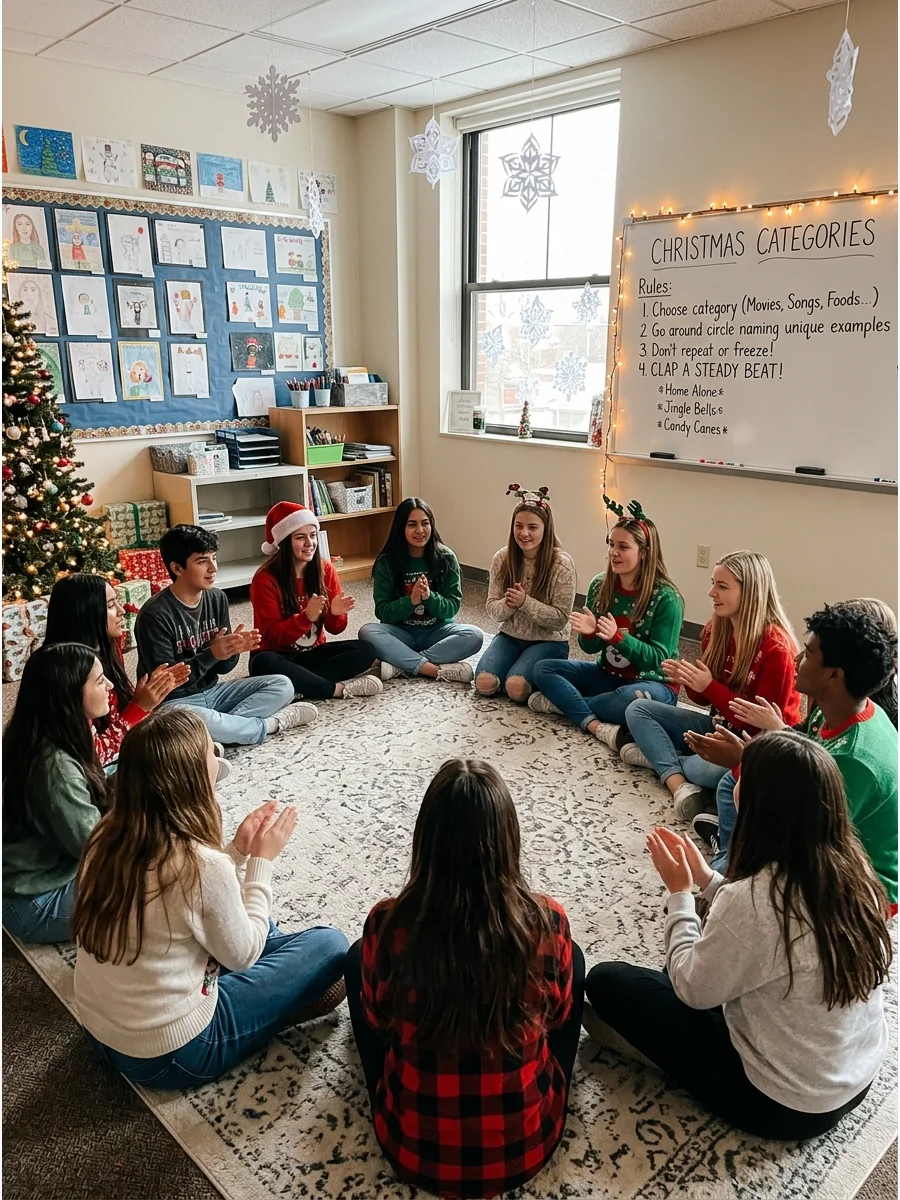 A circle of students playing a rhythmic word game in a classroom.