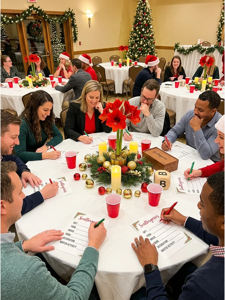 People writing on game sheets at a formal holiday dinner table.