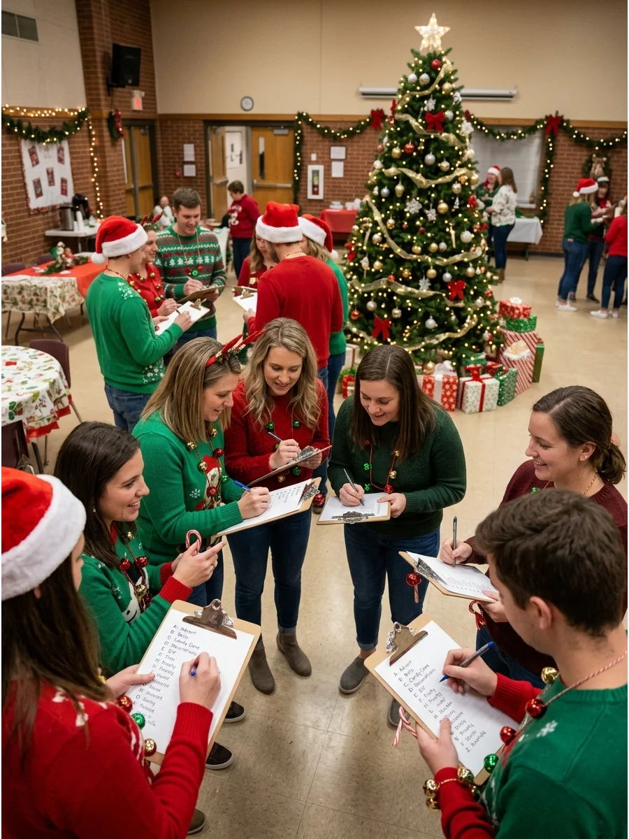 Small groups of people competing in a writing race at a community event.
