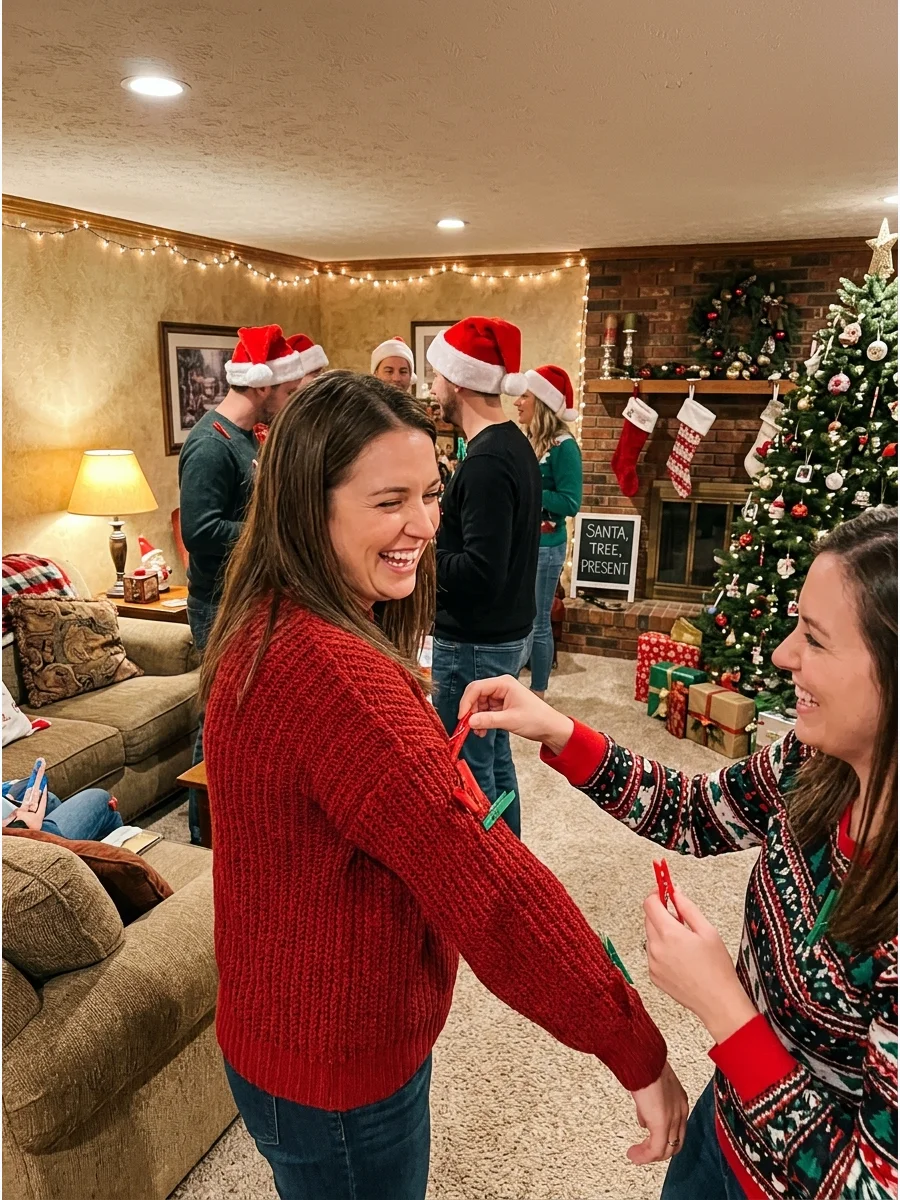Two people interacting during a holiday game involving clothespins.