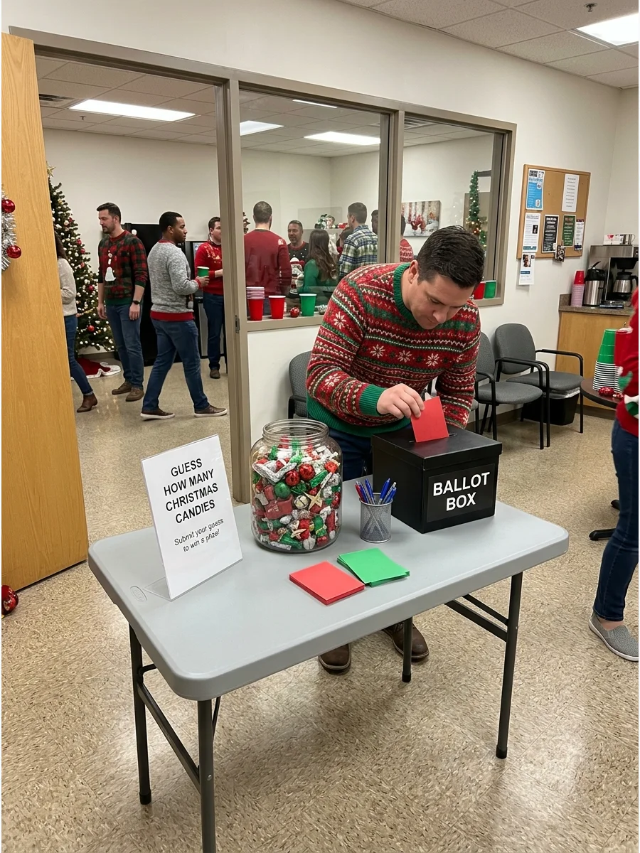 A candy-filled jar on a table with a sign for a guessing contest.