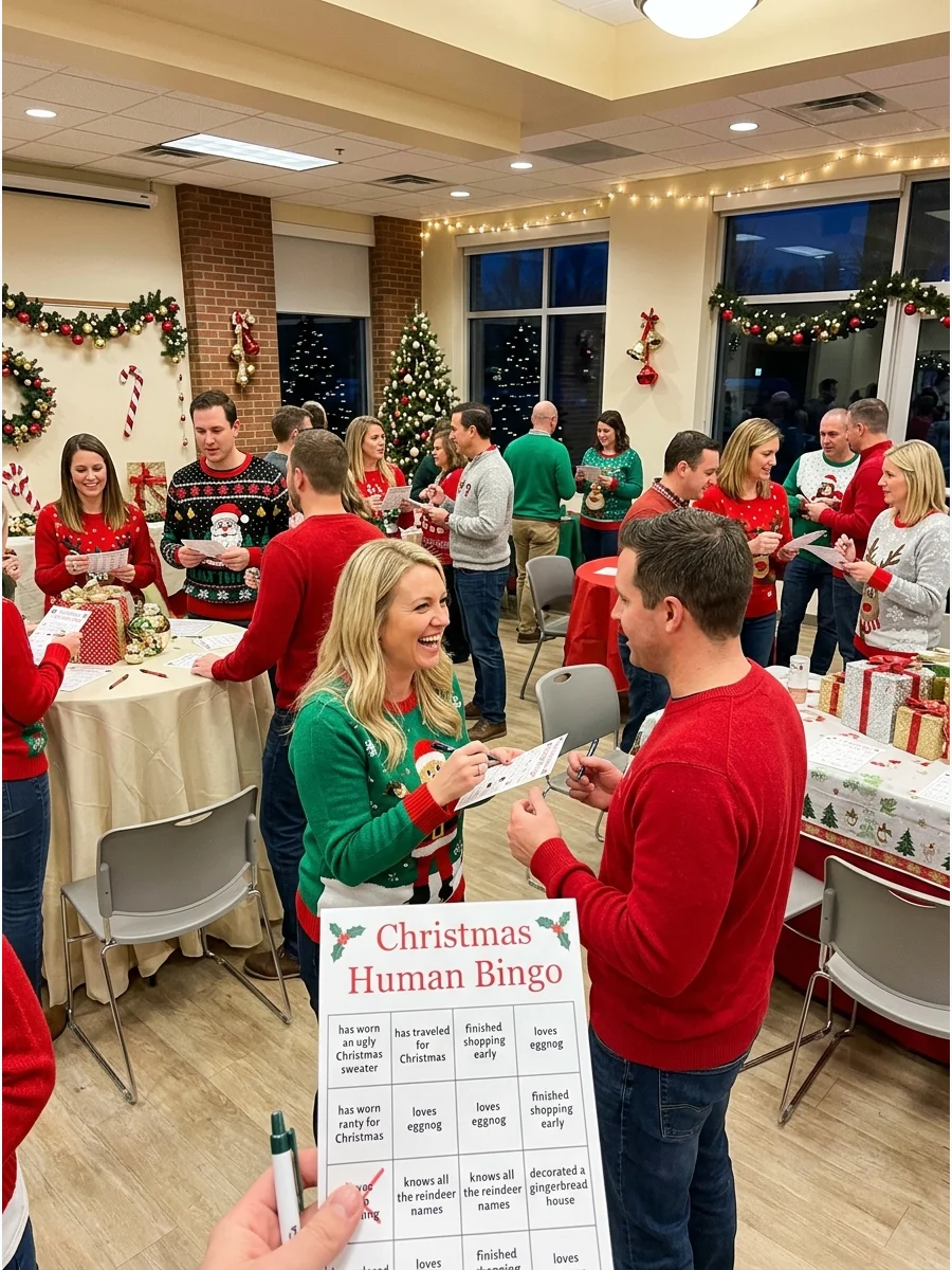 Party guests mingling and checking off boxes on bingo cards.