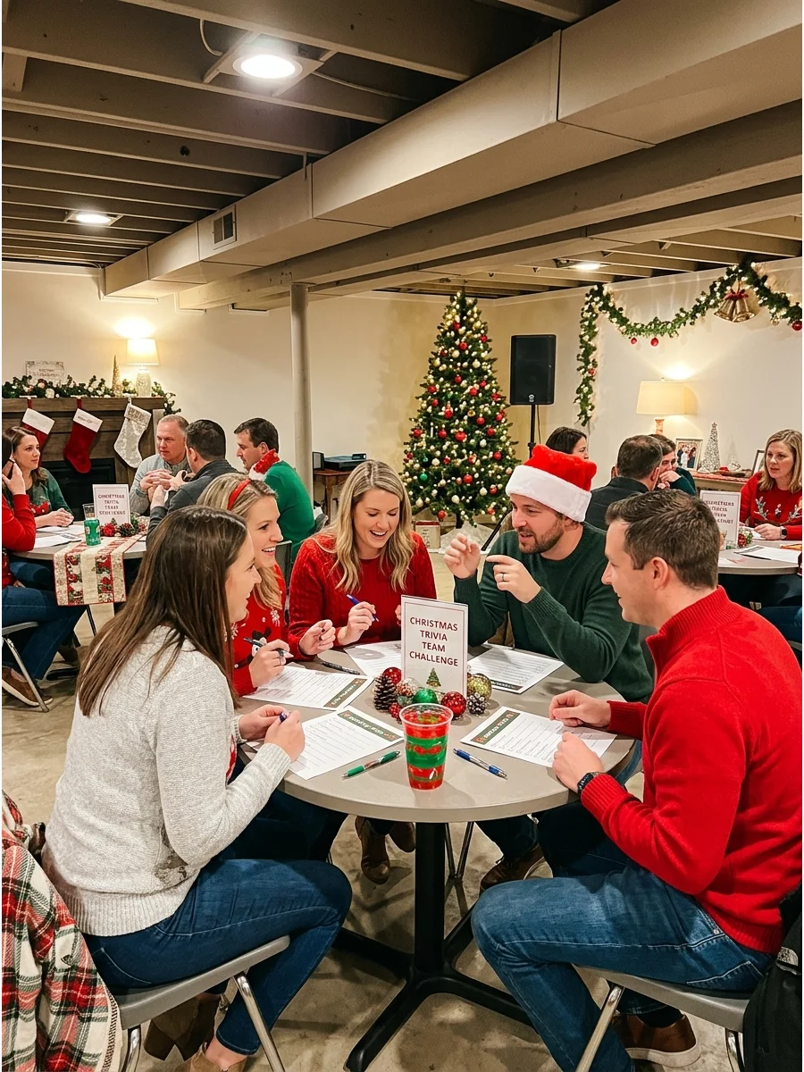 Groups of people sitting at tables during a trivia night.