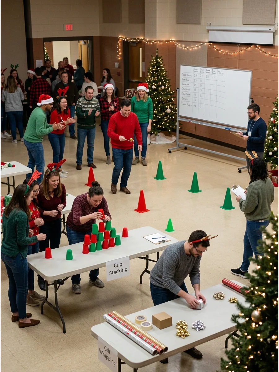 A large-scale holiday competition with multiple game stations in a hall.
