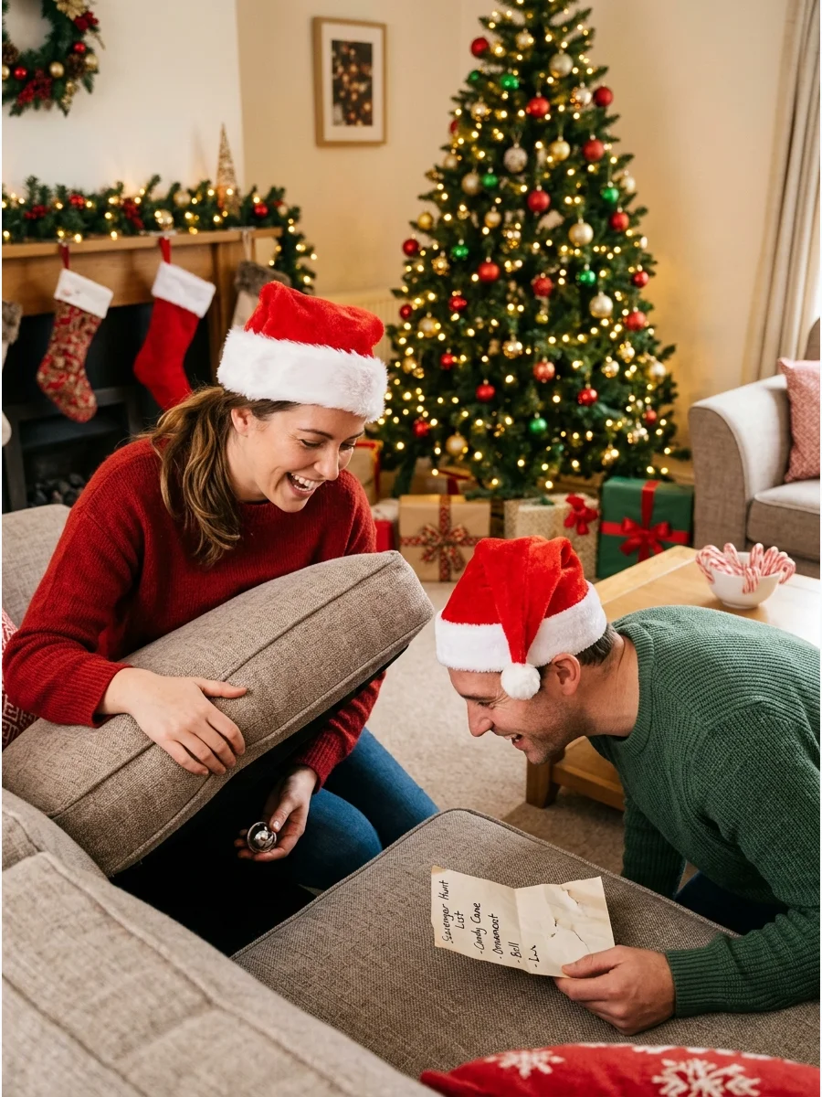 Guests searching for hidden items in a living room.