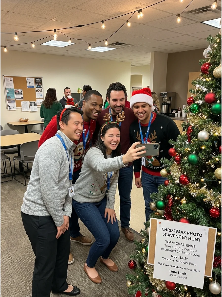 A team of office workers taking a group photo for a scavenger hunt.