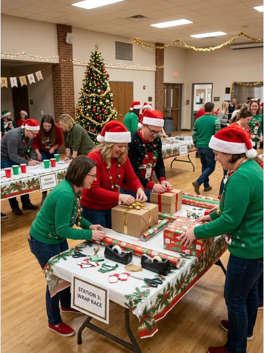 People competing in a gift-wrapping race in a large room.
