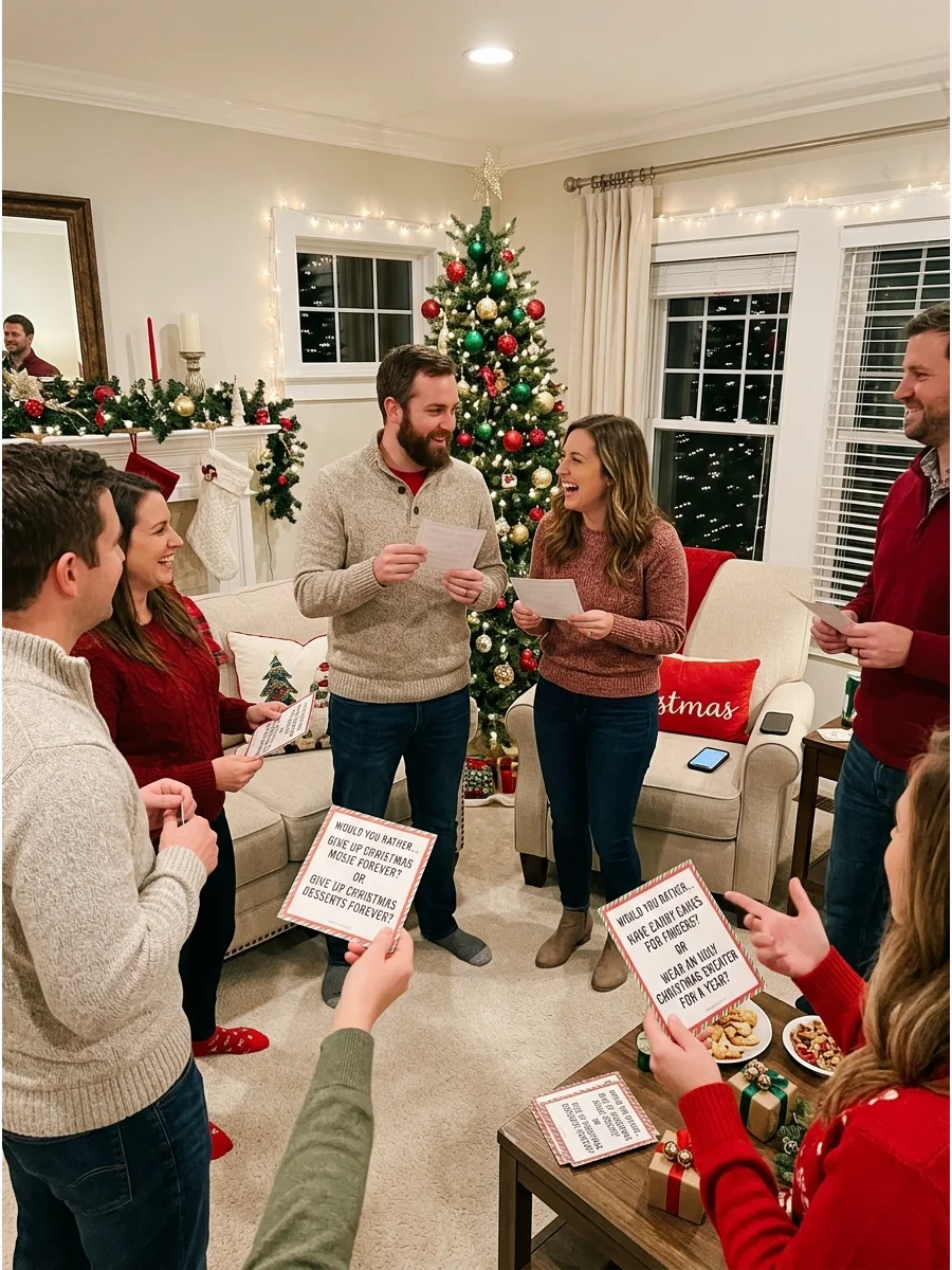 Adults playing Christmas Would You Rather in a decorated living room.
