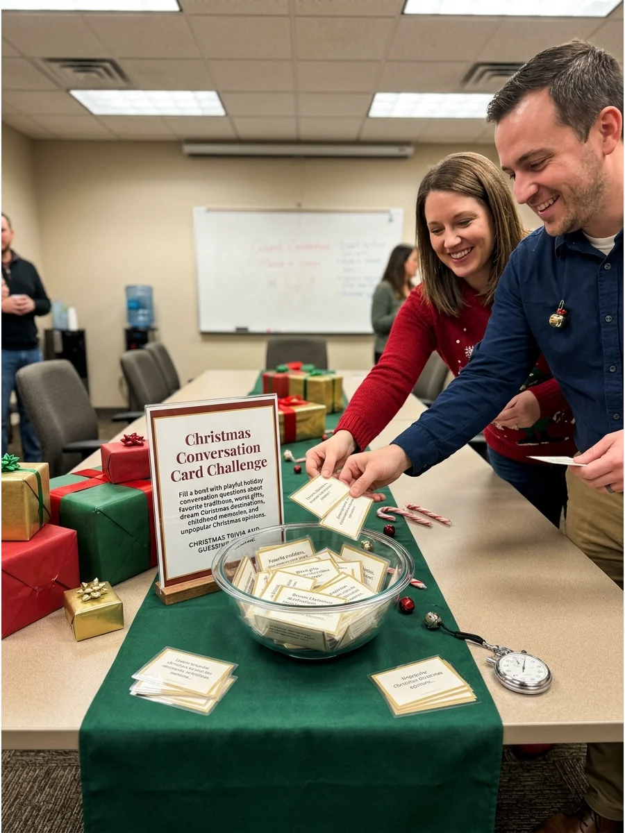 Holiday conversation cards placed on a decorated office table.