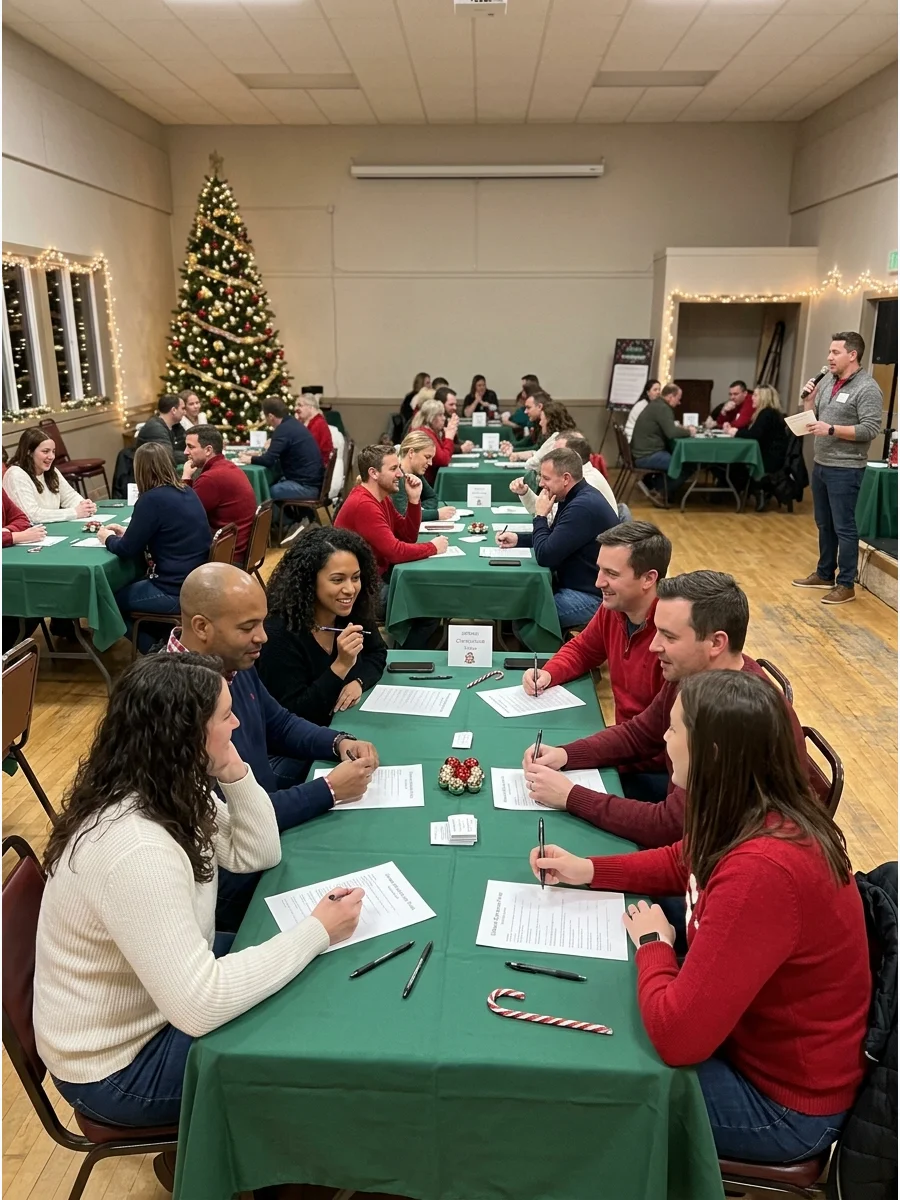 Adults playing trivia at long tables in a decorated community hall.