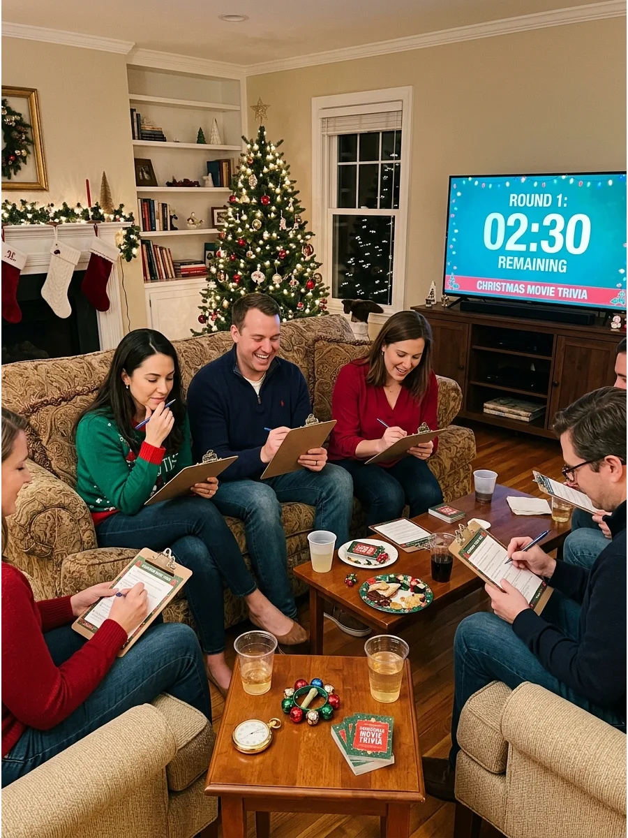 Friends sitting on couches in a living room playing movie trivia.