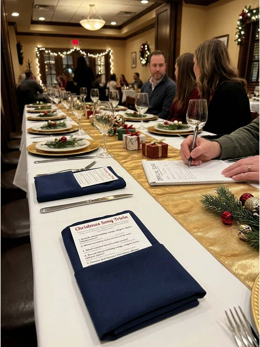 A festive restaurant table set with trivia cards for a holiday party.