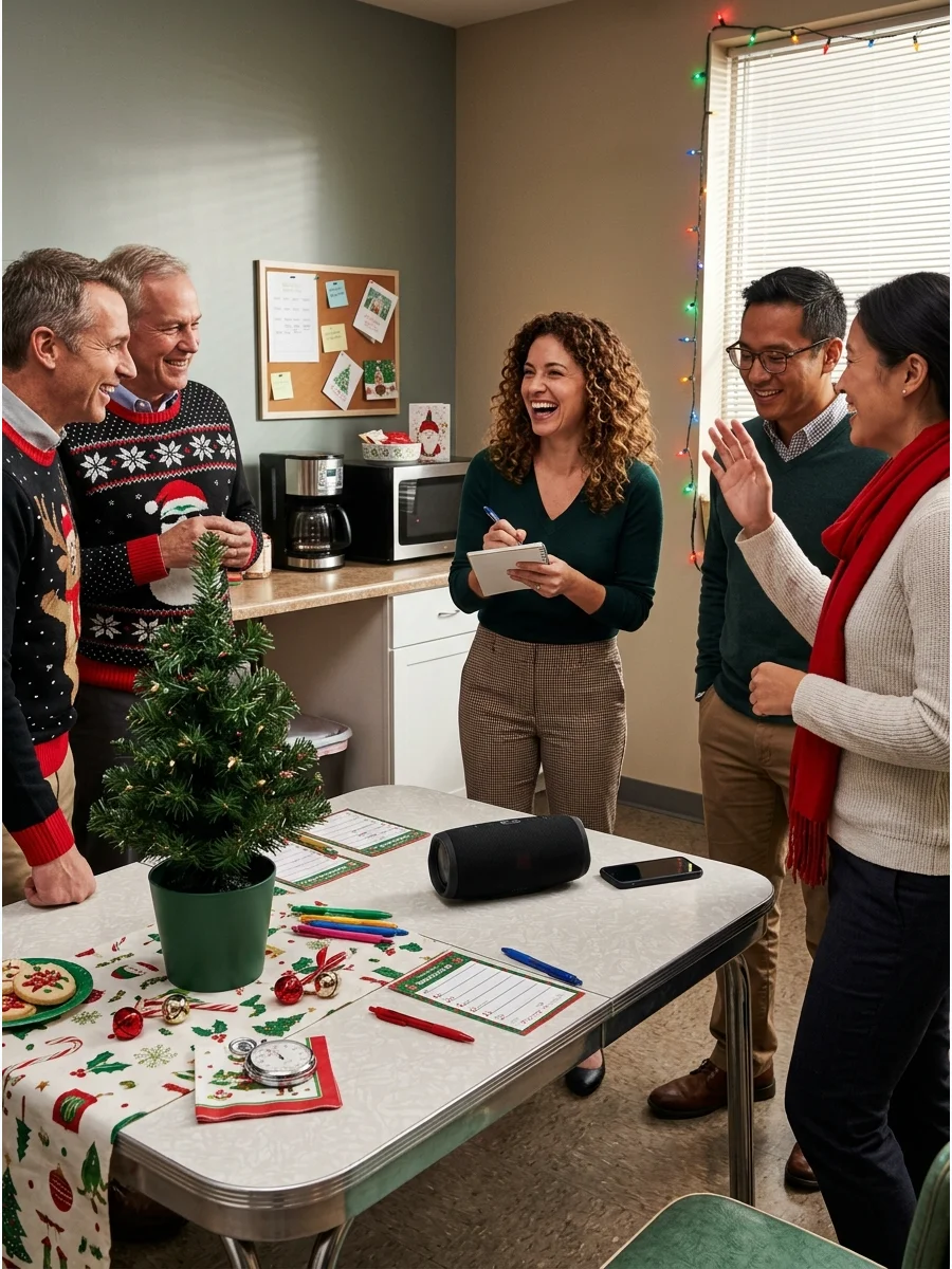 Coworkers in an office breakroom playing a music guessing game.