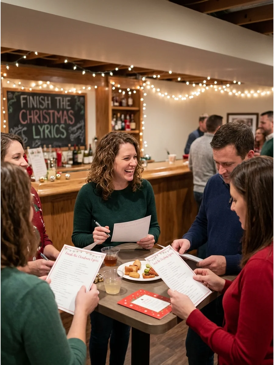 Party guests at a basement bar filling out lyric sheets.