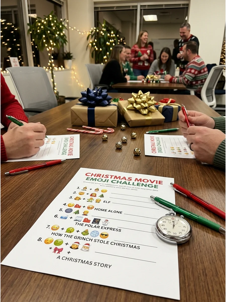 A paper game sheet with emoji clues sitting on a conference table.