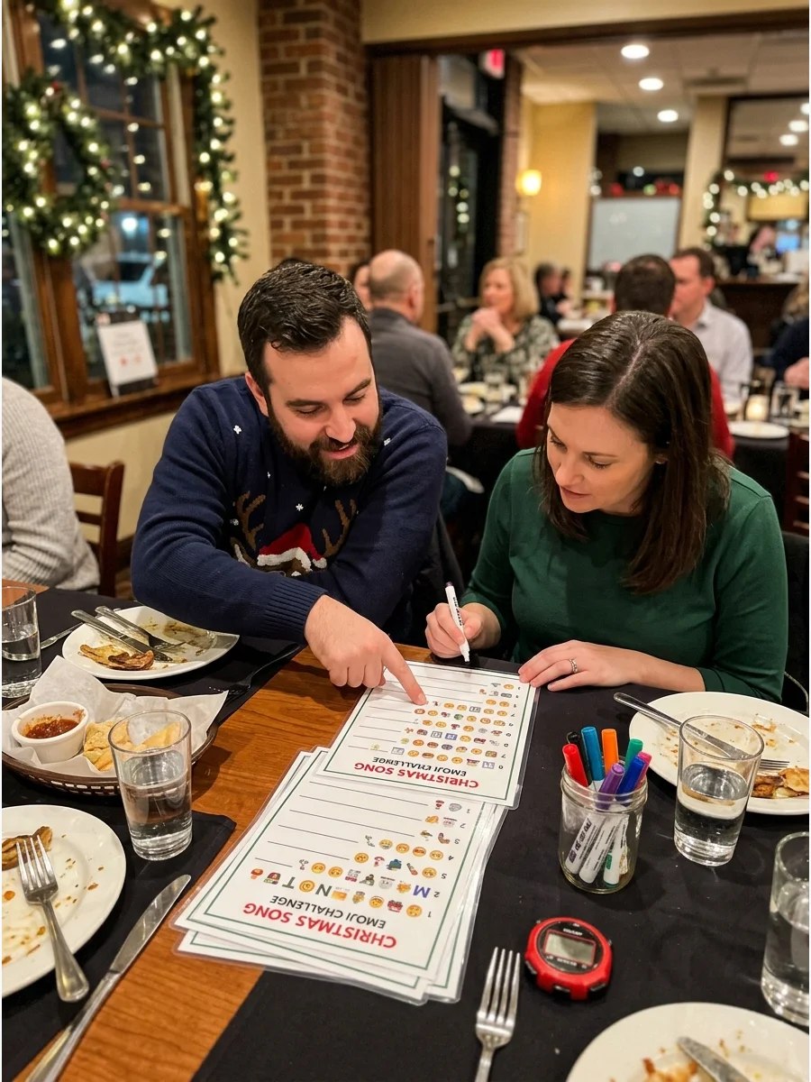 Two people solving a song emoji puzzle at a restaurant table.