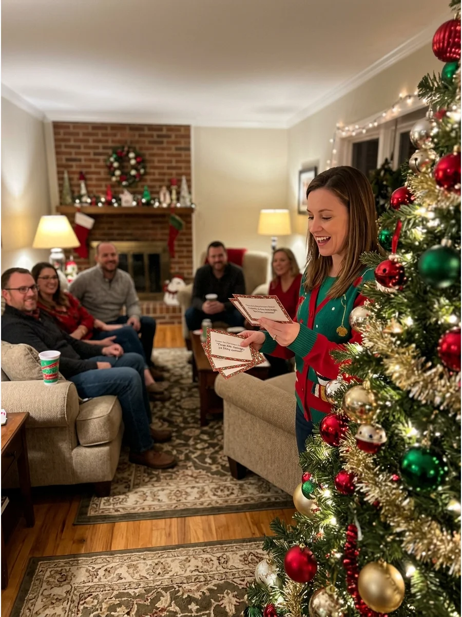 A host reading movie quotes to guests in a festive living room.