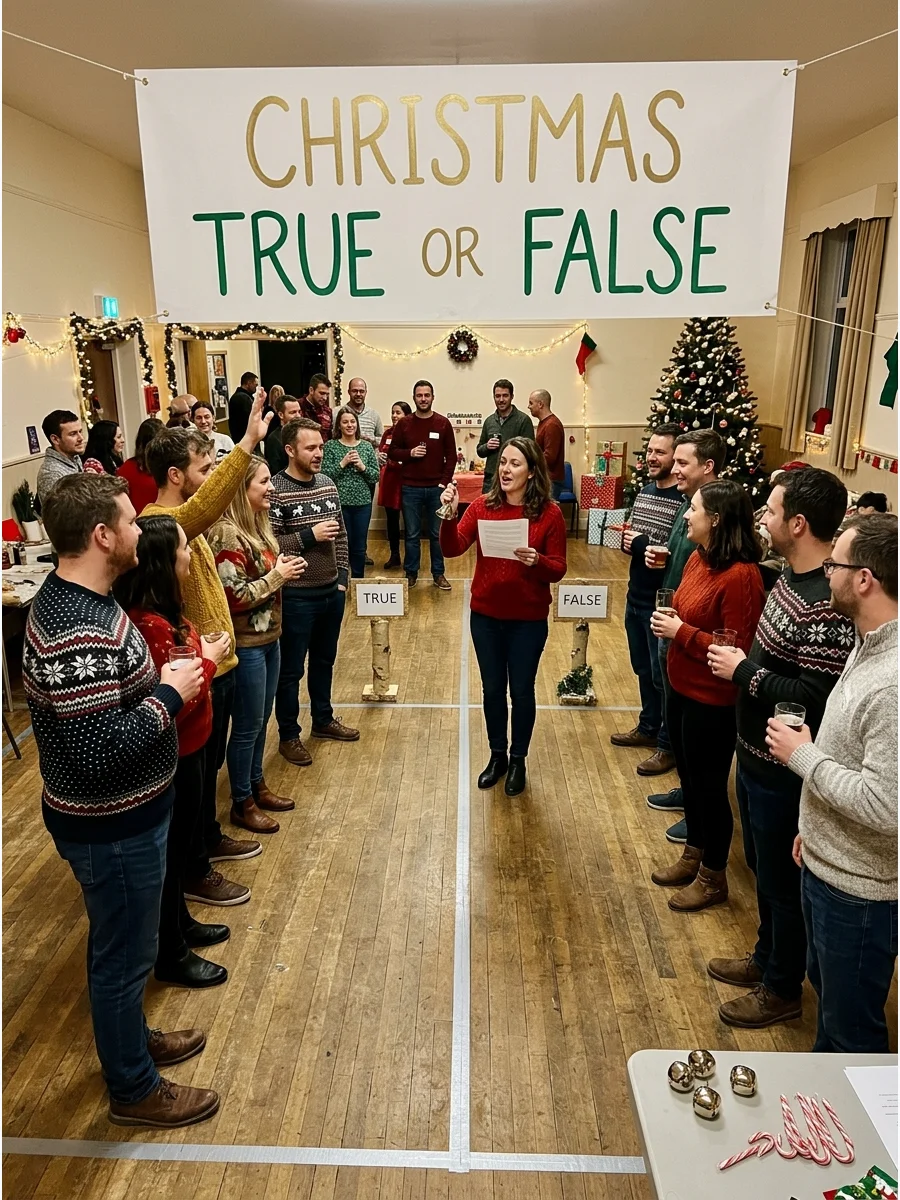 Guests standing on different sides of a room for a true or false game.
