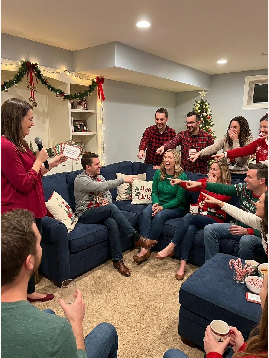 Friends playing a Christmas pointing game in a cozy basement.