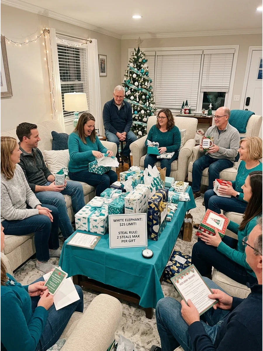 Adults sitting in a circle in a living room during a white elephant gift exchange.
