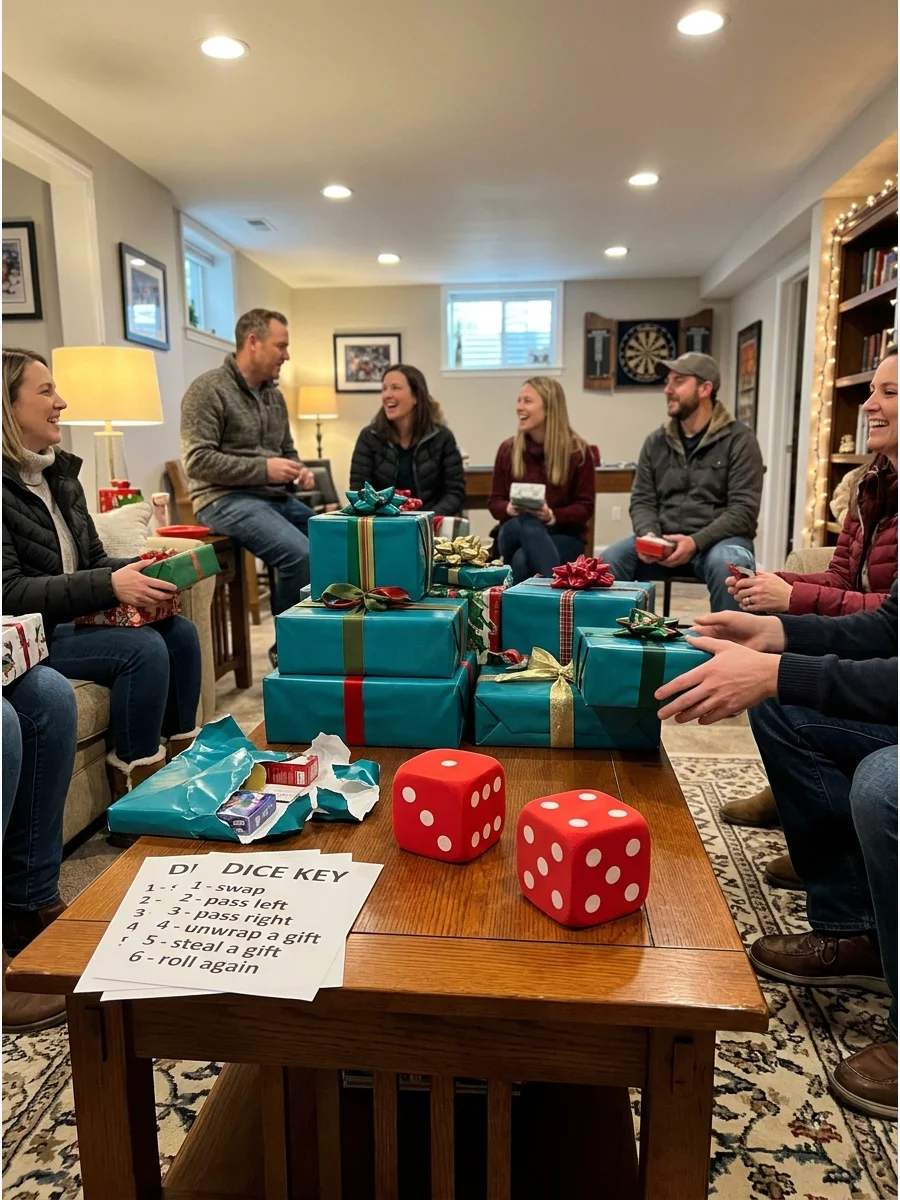 Red dice and wrapped Christmas presents on a wooden coffee table.
