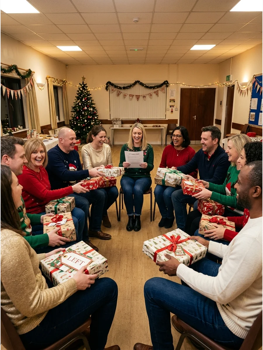 A large group of people standing in a circle passing gifts in a community hall.