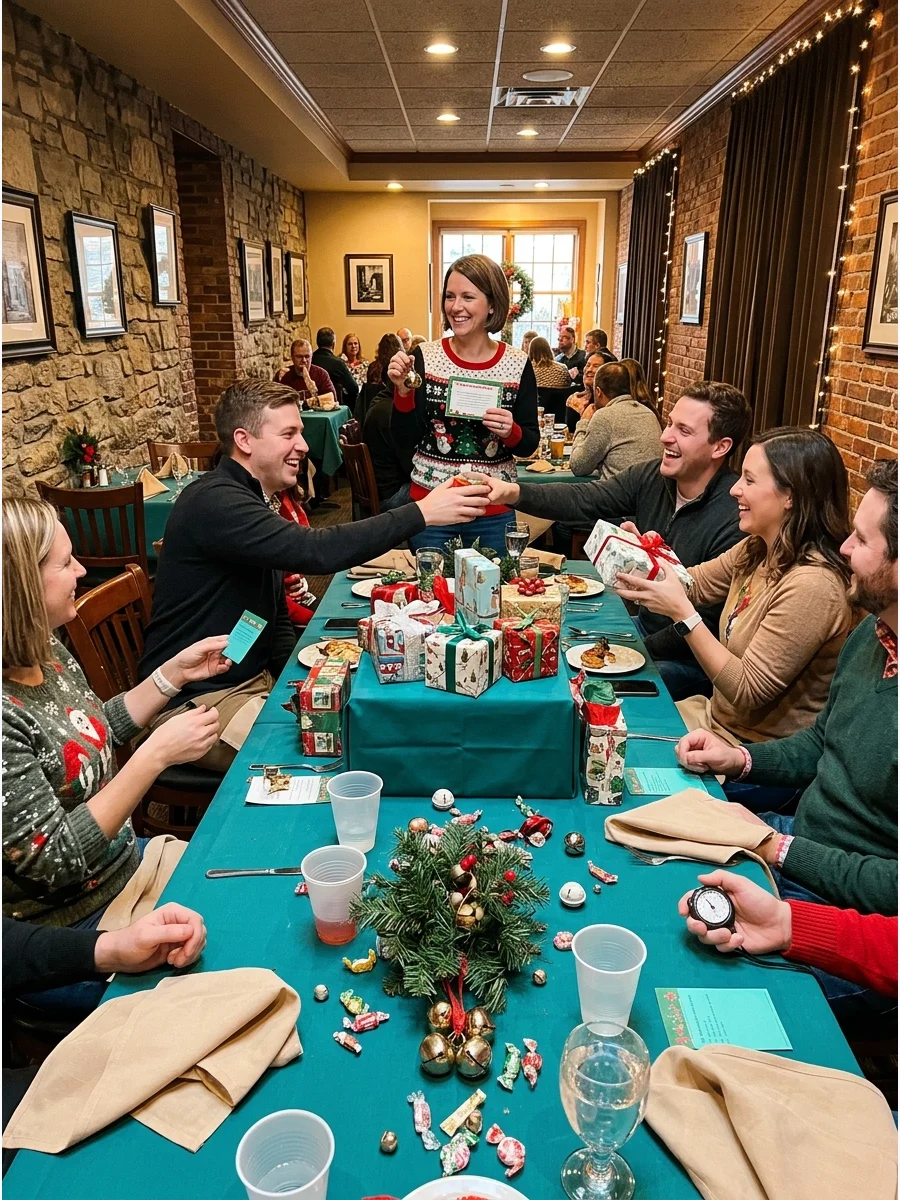 A host reading a trivia card to guests at a long restaurant table.