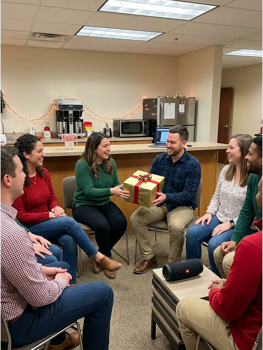 Office workers passing a gold gift in a breakroom during a musical game.