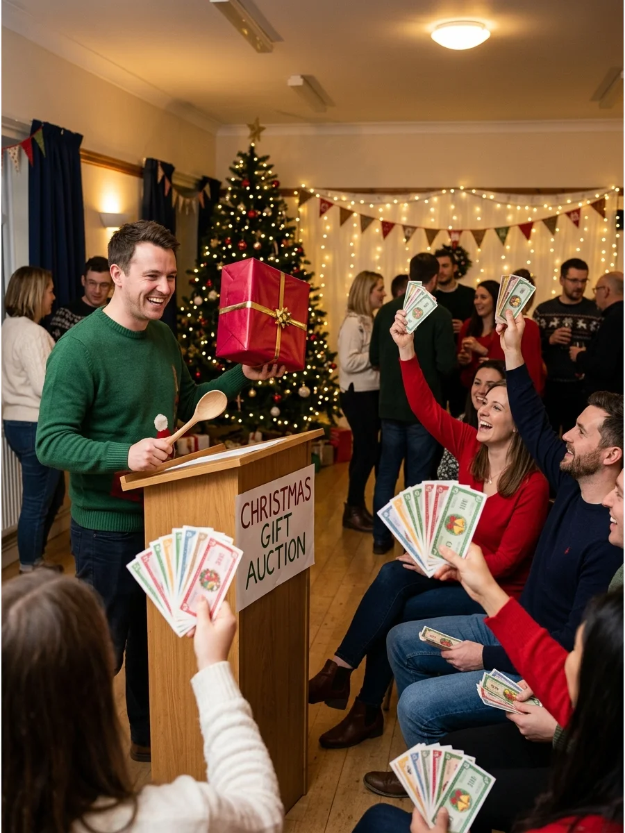 An auctioneer at a podium with a gift and guests holding play money.
