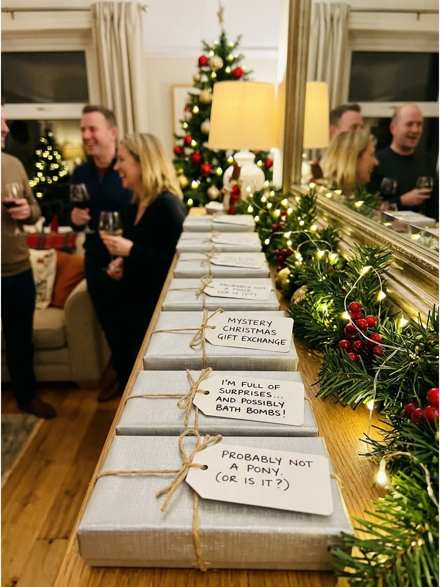 Identical silver gift boxes with white tags lined up on a fireplace mantel.