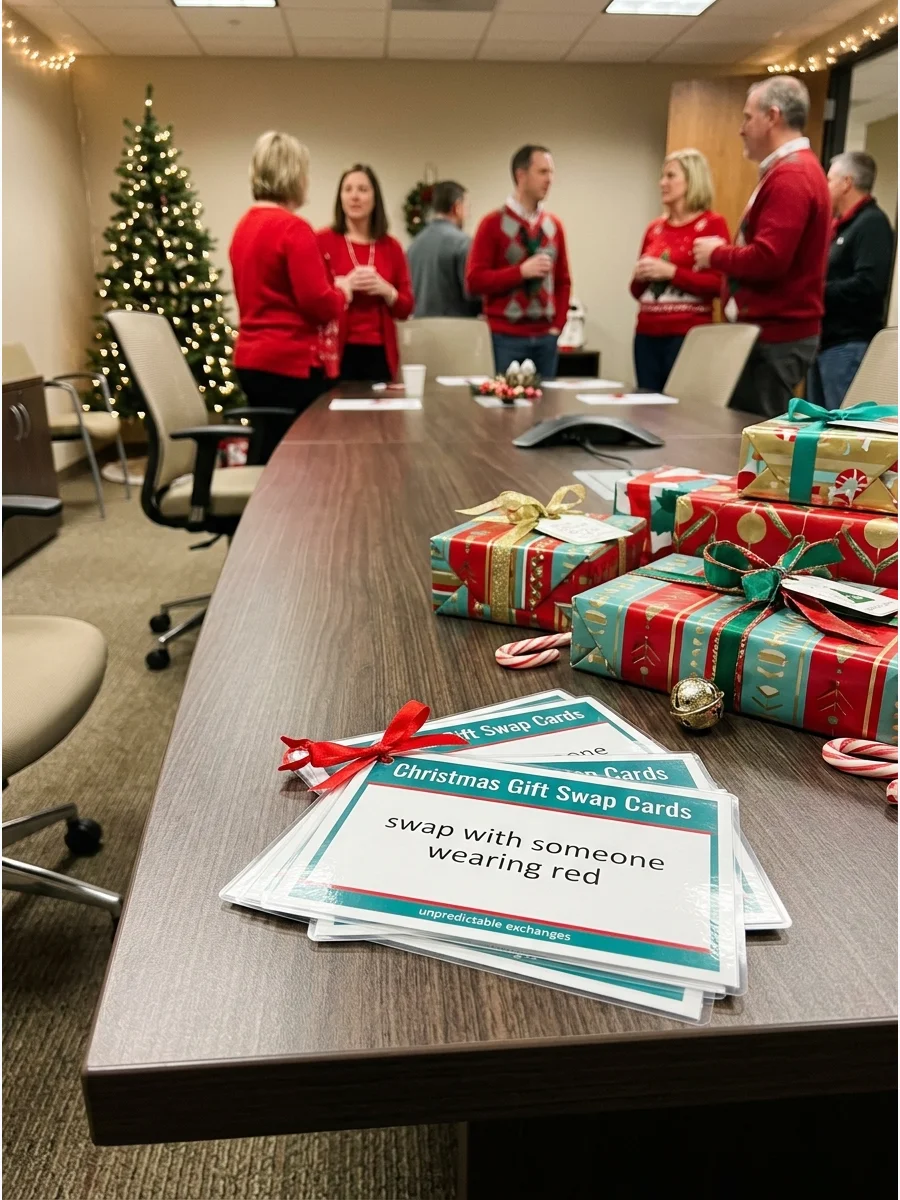 Instruction cards and holiday gifts on a large office conference table.