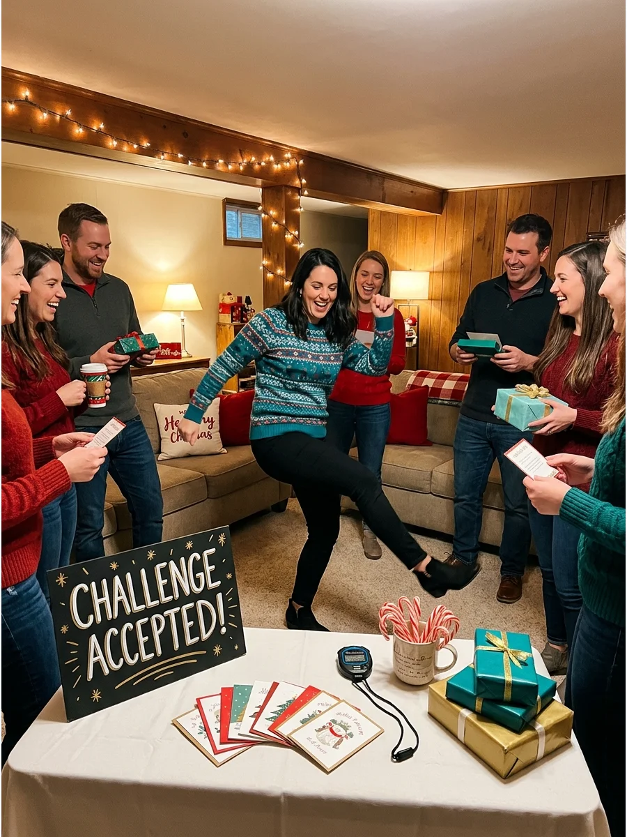 A guest performing a challenge in a basement during a gift exchange.