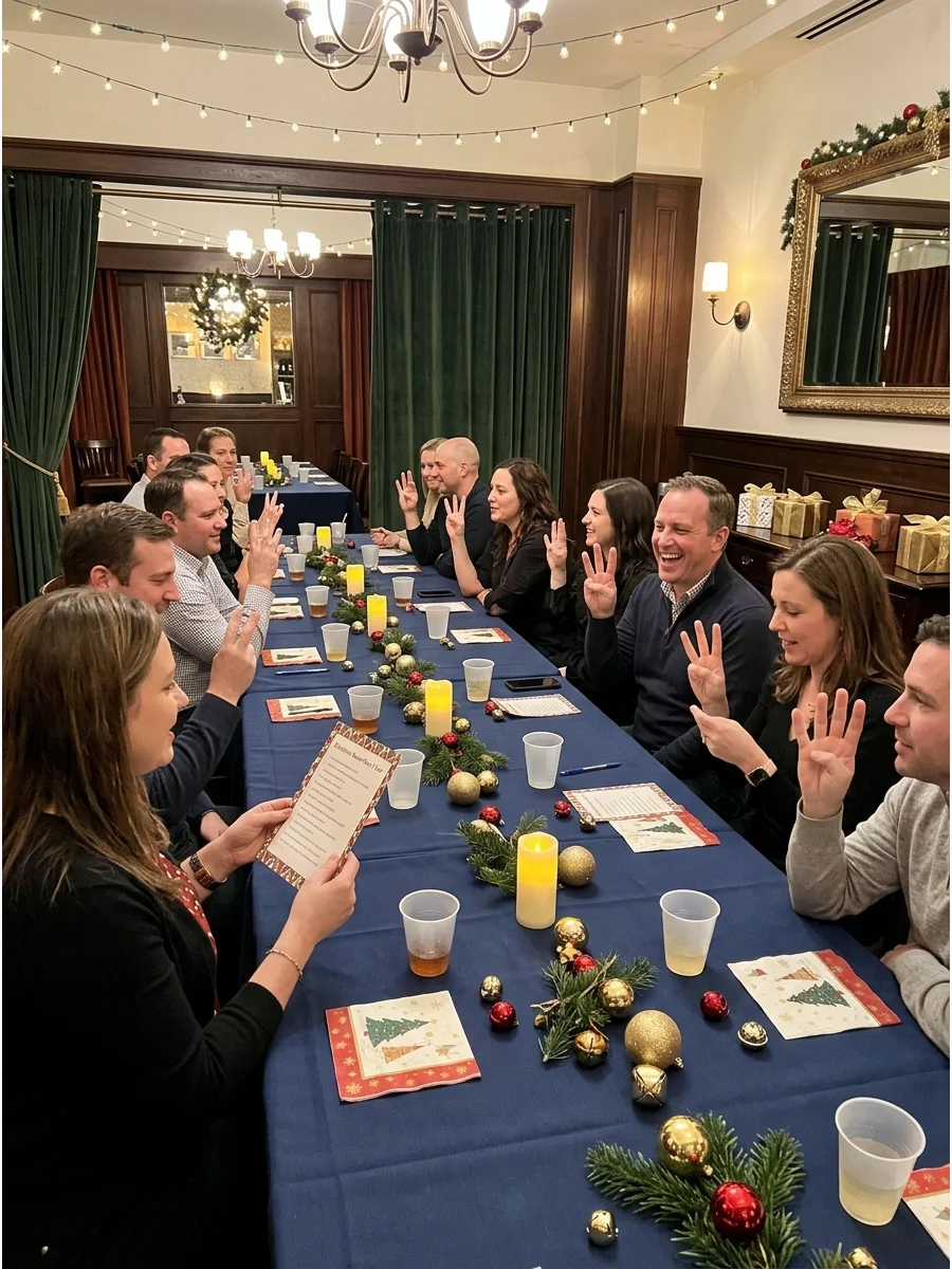 Group at a restaurant table playing Christmas Never Have I Ever.