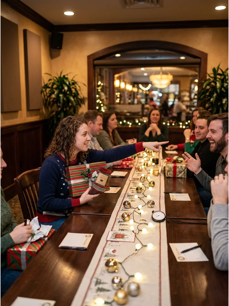 A guest guessing their Secret Santa across a restaurant table.