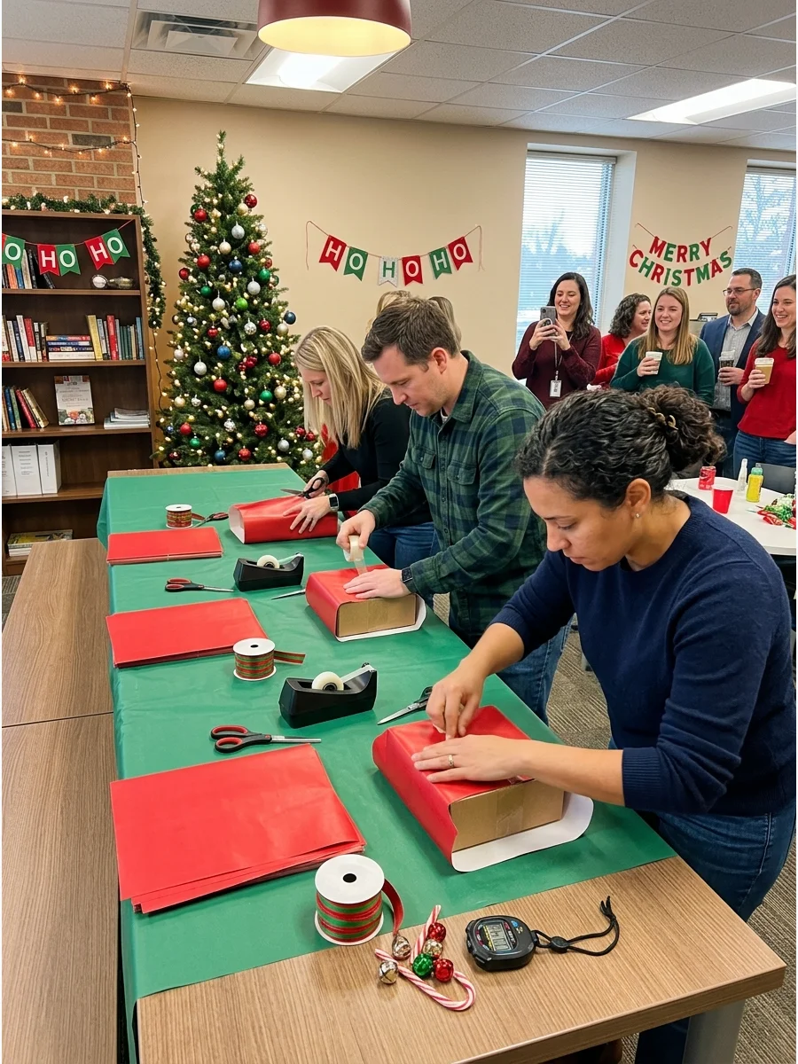 A row of identical gift boxes and red wrapping paper on a long table.