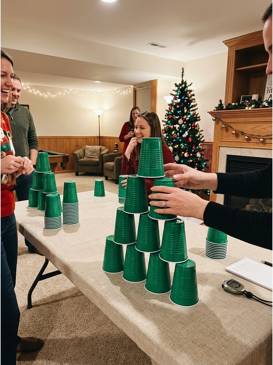 A pyramid of green plastic cups on a wooden table in a basement.