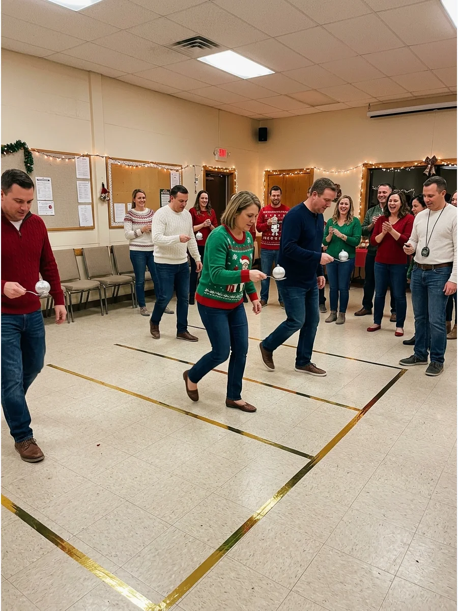 Adults balancing silver ornaments on spoons while walking in a large hall.