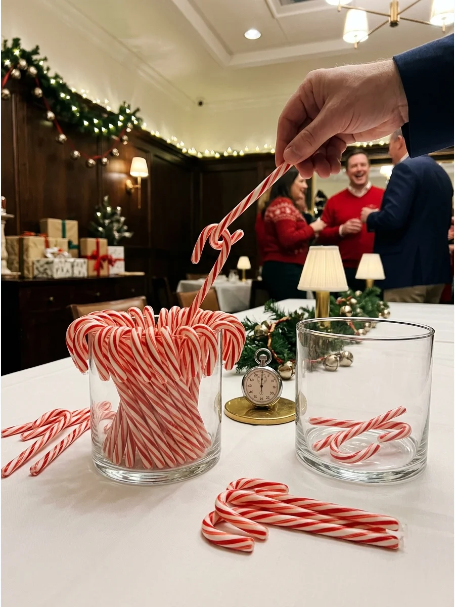 A pile of candy canes on a white tablecloth in a restaurant.