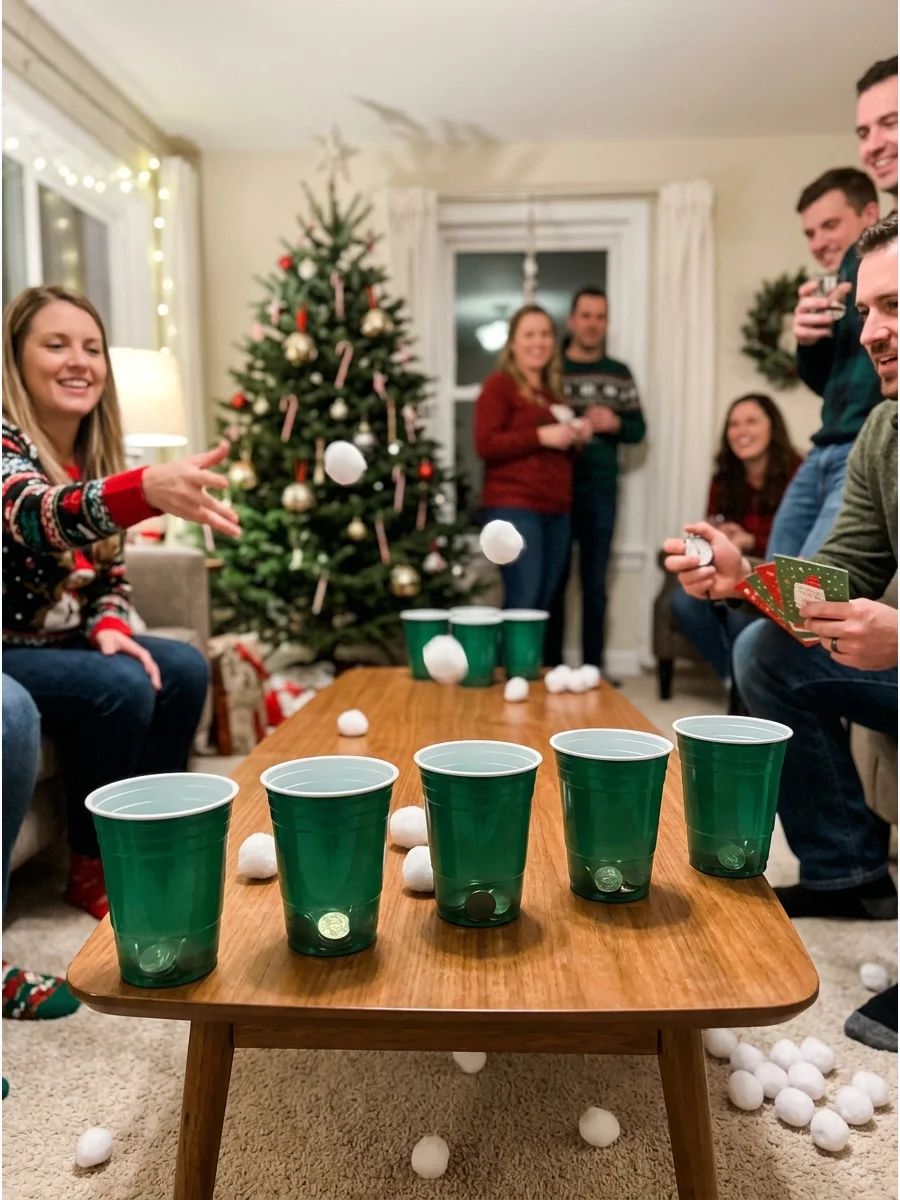 White pom-poms being tossed into green cups on a living room table.