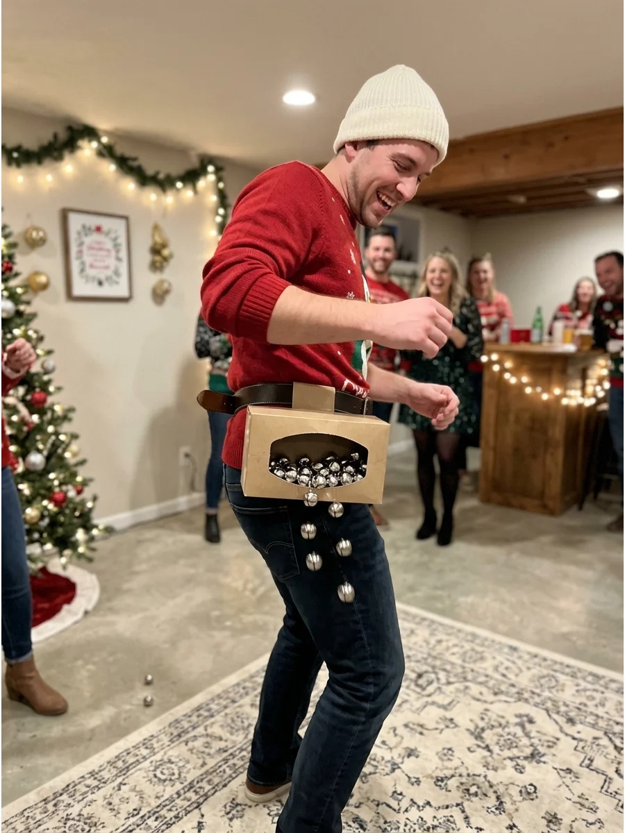 An adult shaking a tissue box filled with bells attached to their waist.