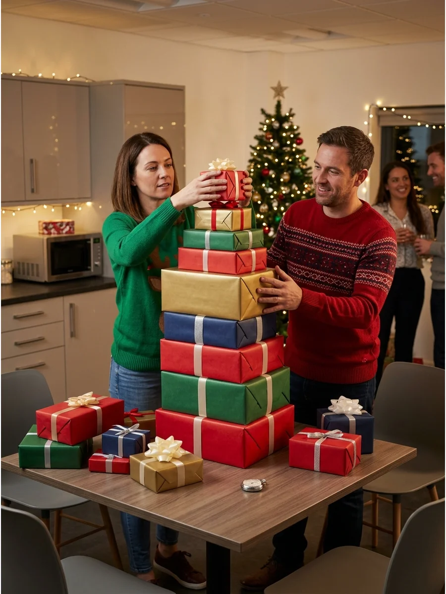 A vertical stack of red and gold wrapped gifts on a table.