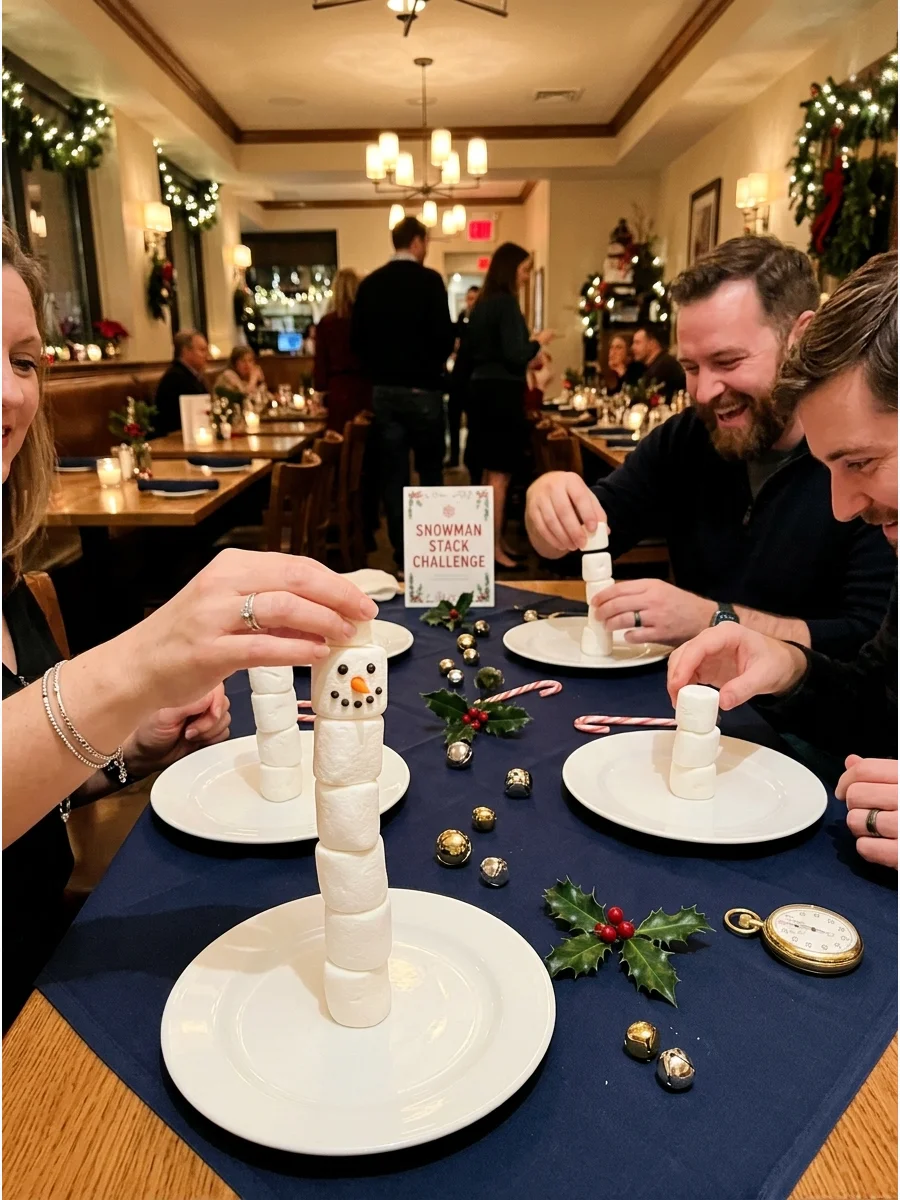 Stacks of three marshmallows standing on white plates on a blue tablecloth.