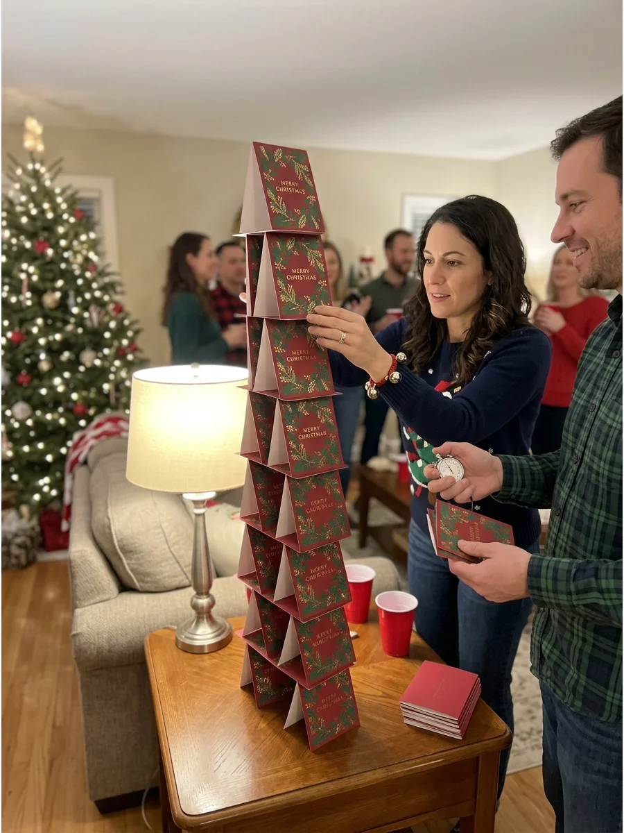 A tall tower constructed from folded holiday cards on a side table.