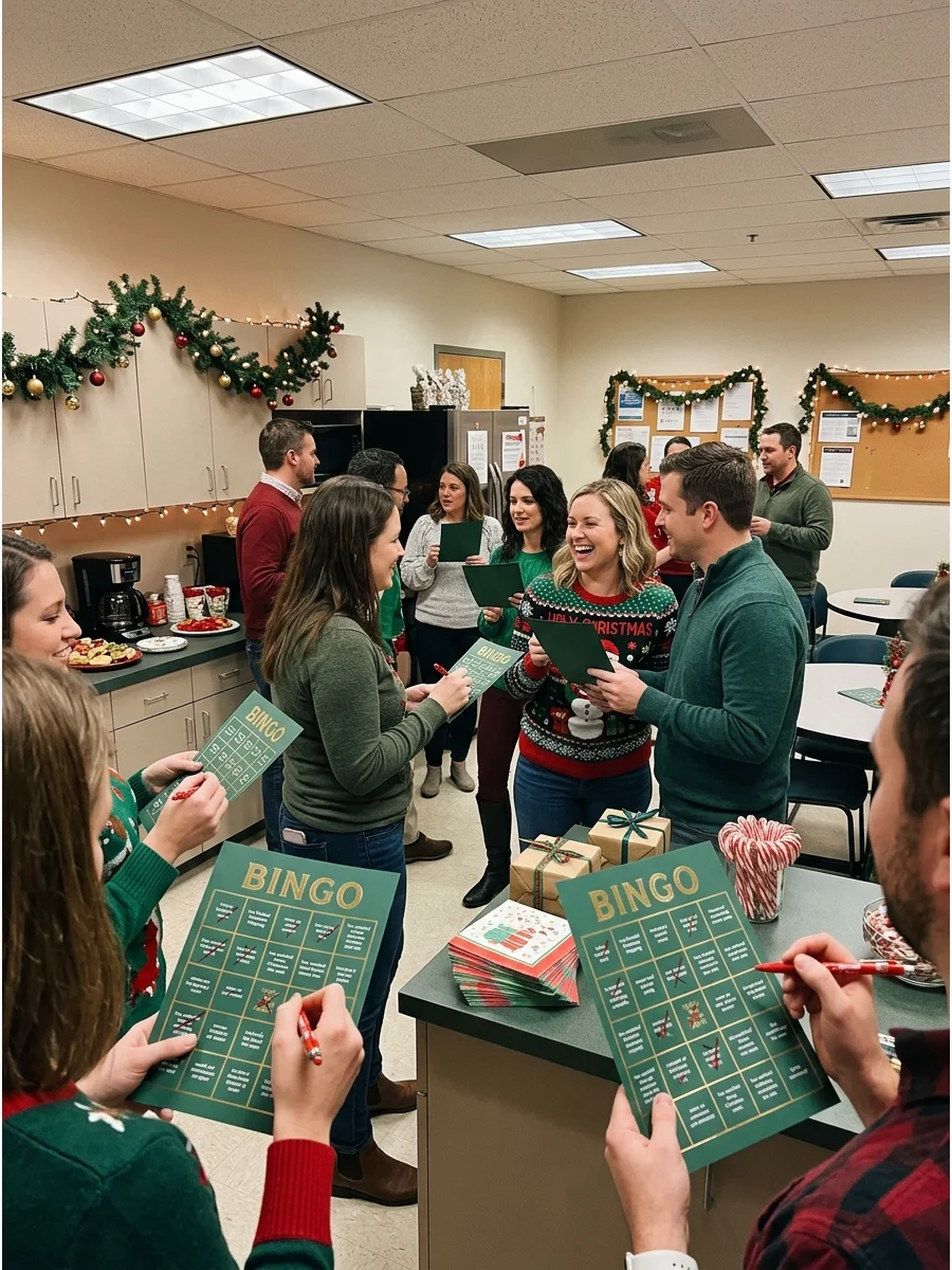 Office party guests playing Christmas bingo in a decorated breakroom.