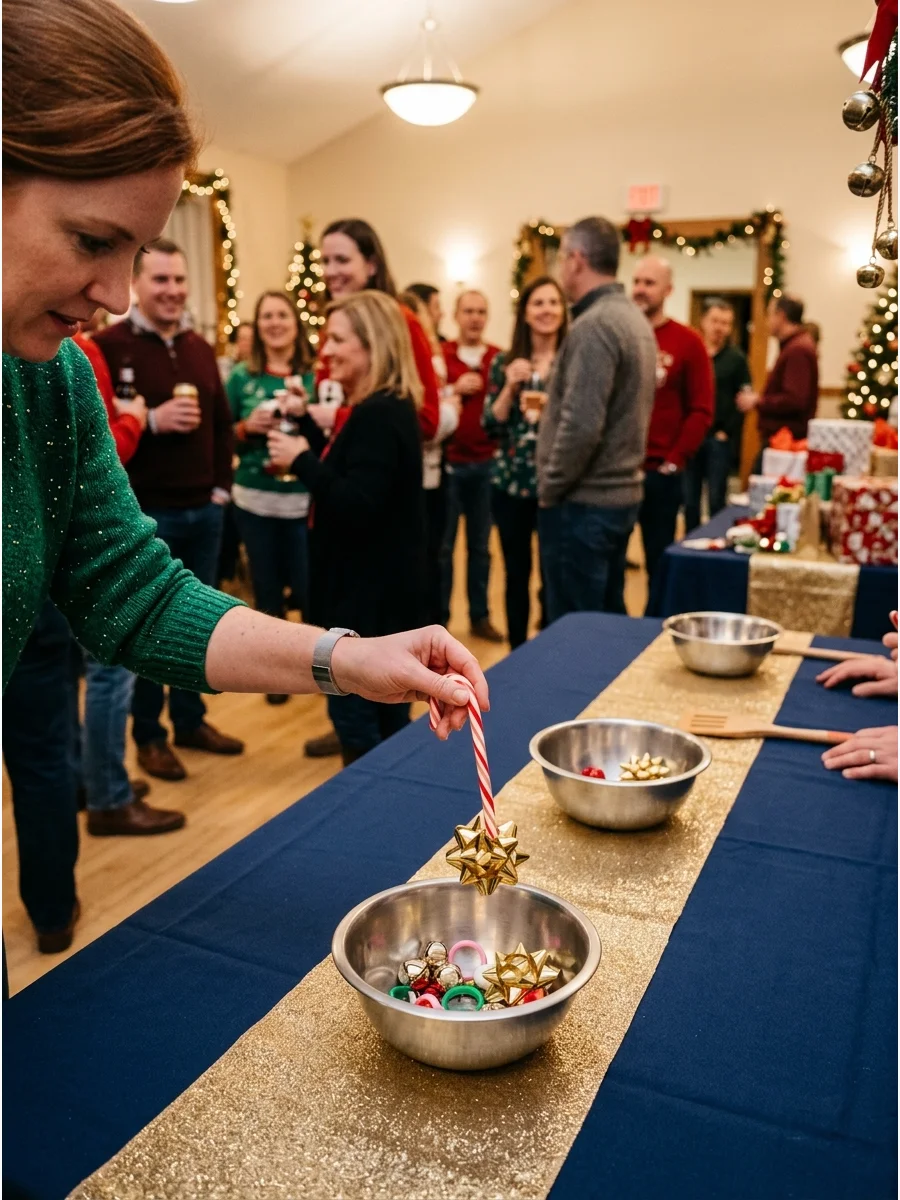 A candy cane being used to hook and lift a gold gift bow.