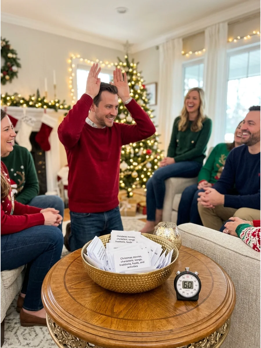 Adults playing Christmas charades in a decorated living room.