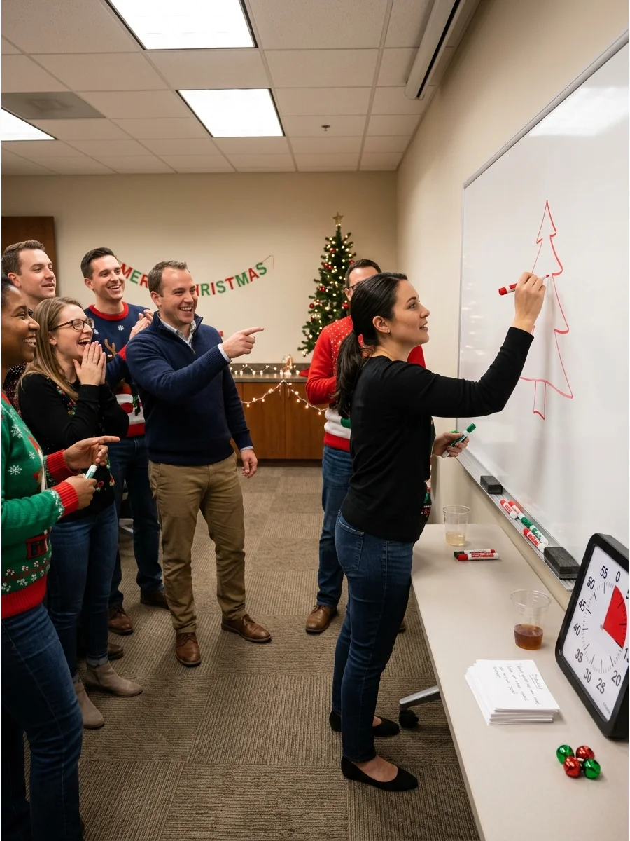Coworkers playing Christmas Pictionary in an office breakroom.